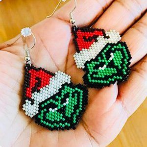 Handcrafted Miyuki Glass Beaded Brick Stitch Christmas Green Monster Earrings
